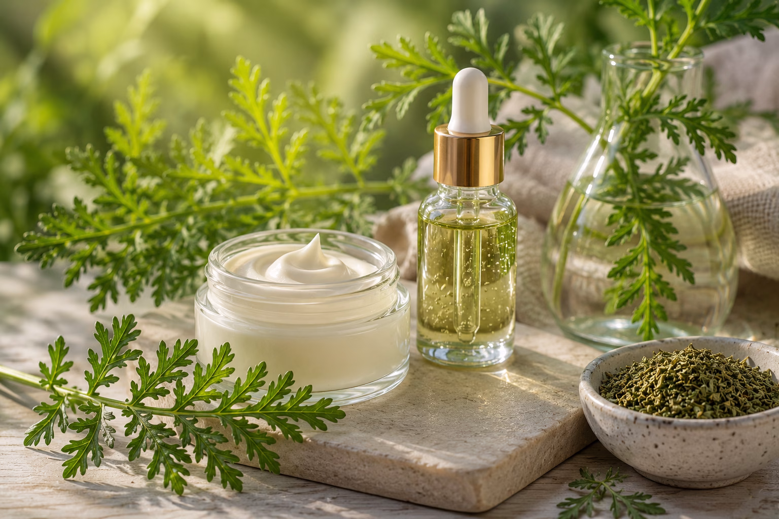 Natürliche Hautpflege, Creme im Glastiegel, Pflanzenzweigen, getrockneten Kräutern und sanfter Wellness-Atmosphäre in hellem Tageslicht.